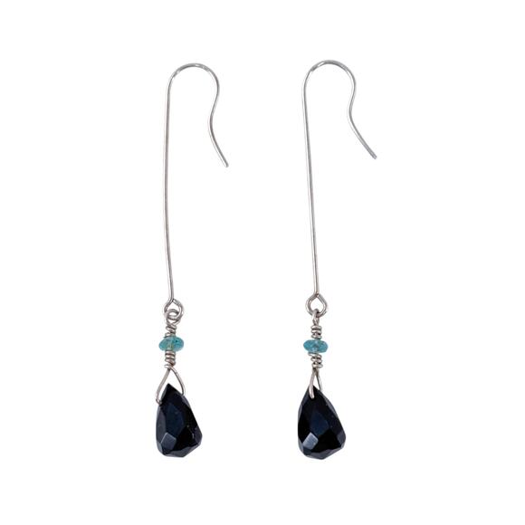 Estate Sterling Silver 925 Black Garnet Aquamarine Long Drop Earrings - Picture 5 of 7